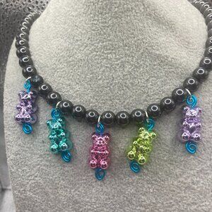 Handmade Hanging Metallic Gummy Bear Necklace